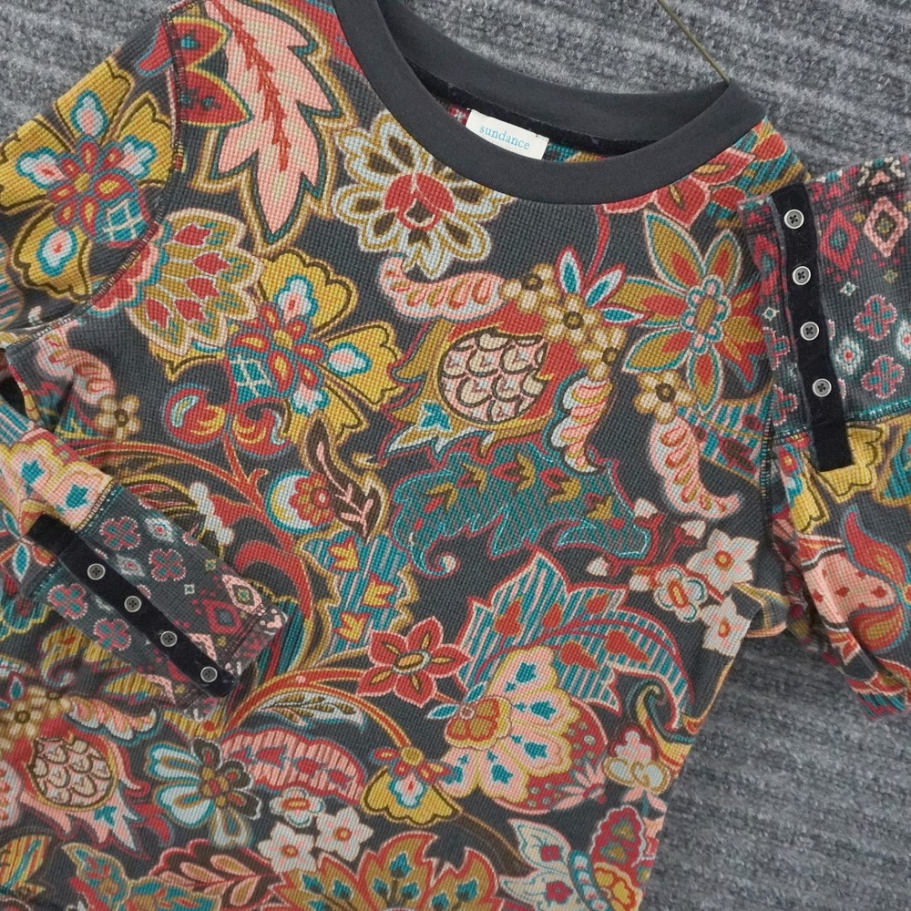Sundance Waffle Knit Thermal Top Womens Large Multi Paisley Floral Button Cuff